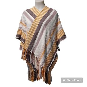 Aerie Woven Poncho Wrap One Size Brown Yellow Cream